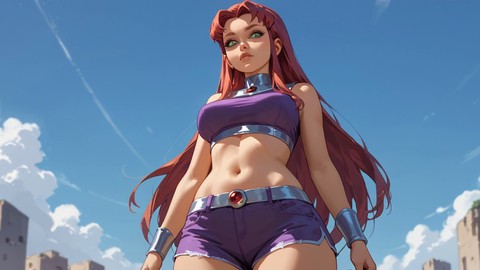 Starfire futanari si accarezza e si dedica al piacere di succhiarsi da sola